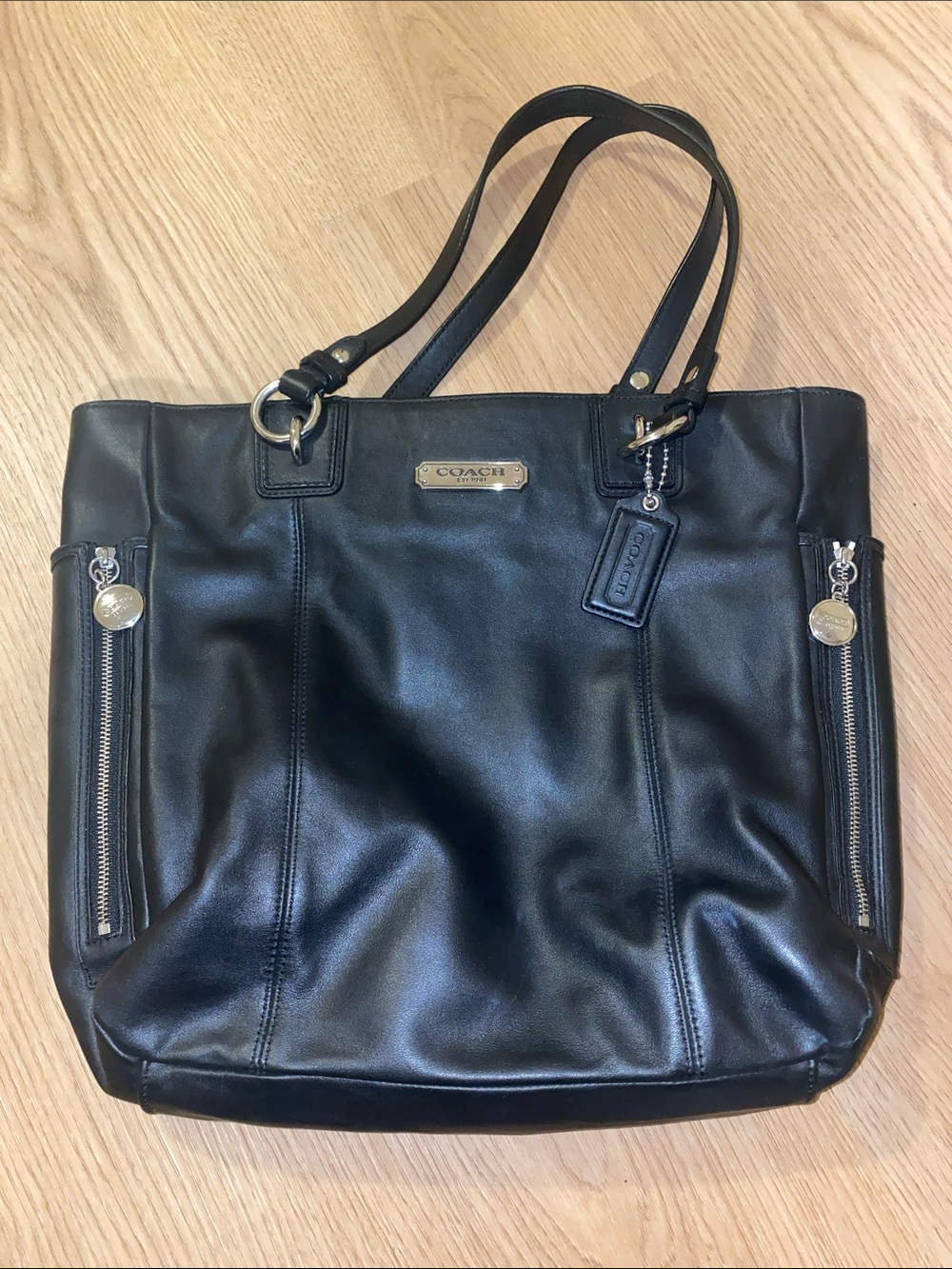 Coach Black Leather Shoulder Tote with Zip Accents